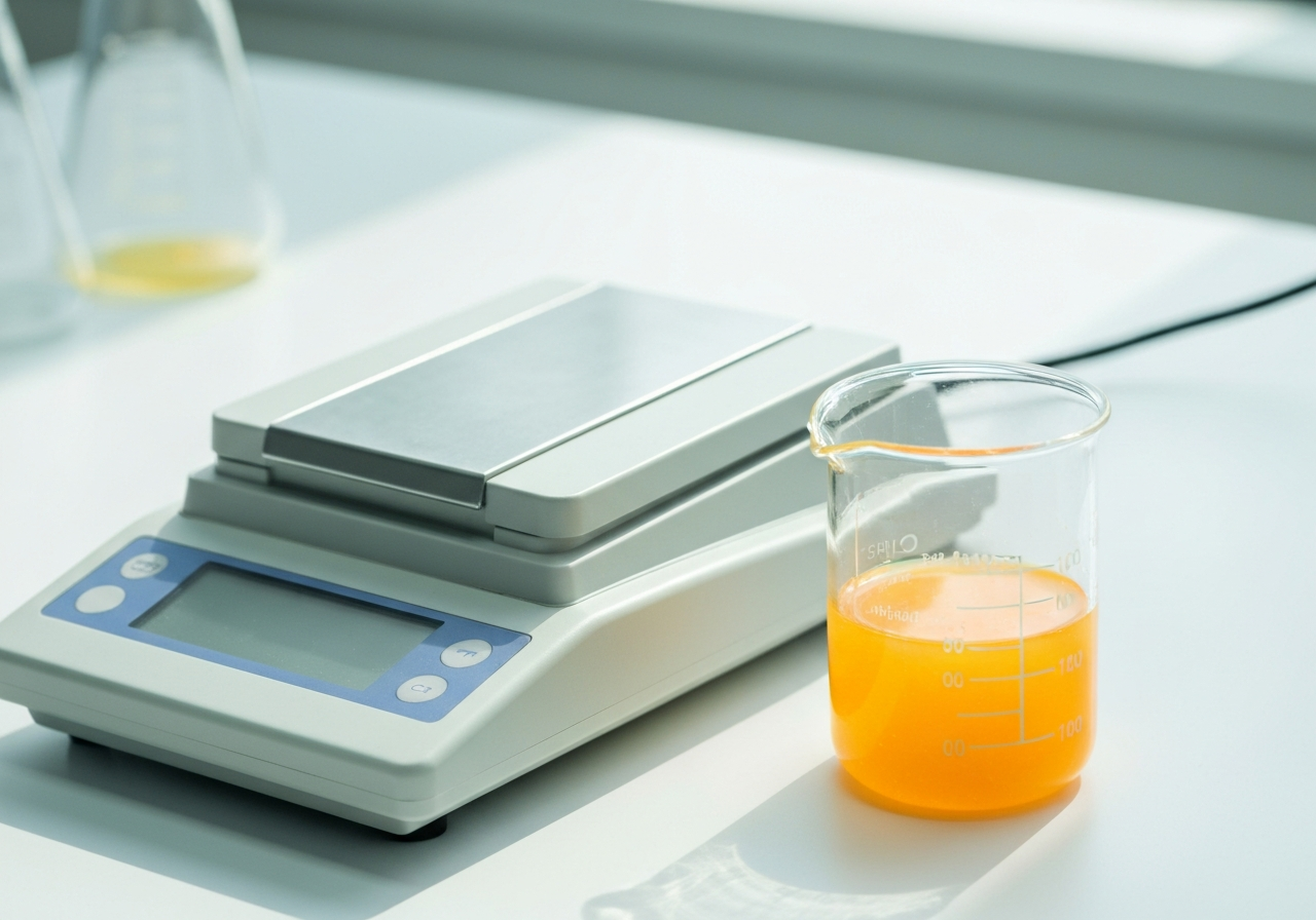 A professional clinical laboratory setting with a glass beaker containing a bright citrus extract next to a precise analytical balance, soft natural light, editorial photography, 85mm lens, high contrast, clean aesthetic, no text, no words, no letters