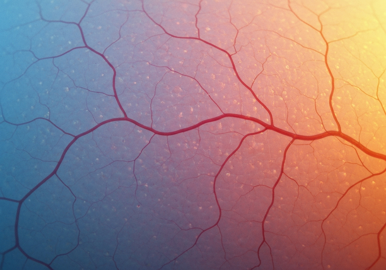 Human skin microscopic view showing blood vessels, cold weather biological response, clinical aesthetic, premium scientific visualization, soft blue and warm amber lighting, 85mm lens, no text, no words