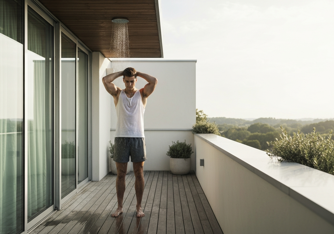 A professional athlete standing on a minimalist wooden balcony, preparing for a cold shower in a modern, serene outdoor setting, soft morning natural light, 85mm lens, high-end editorial photography, no text, no words, no letters