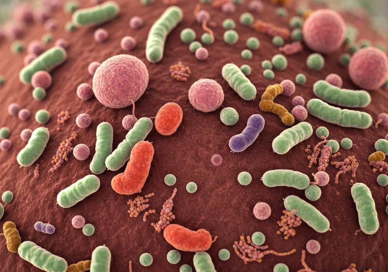 A microscopic view of diverse intestinal bacteria colonizing a healthy human gut, vibrant colors, clean scientific aesthetic, editorial photography, soft clinical lighting, high depth of field, 85mm lens, no text, no words, no letters.