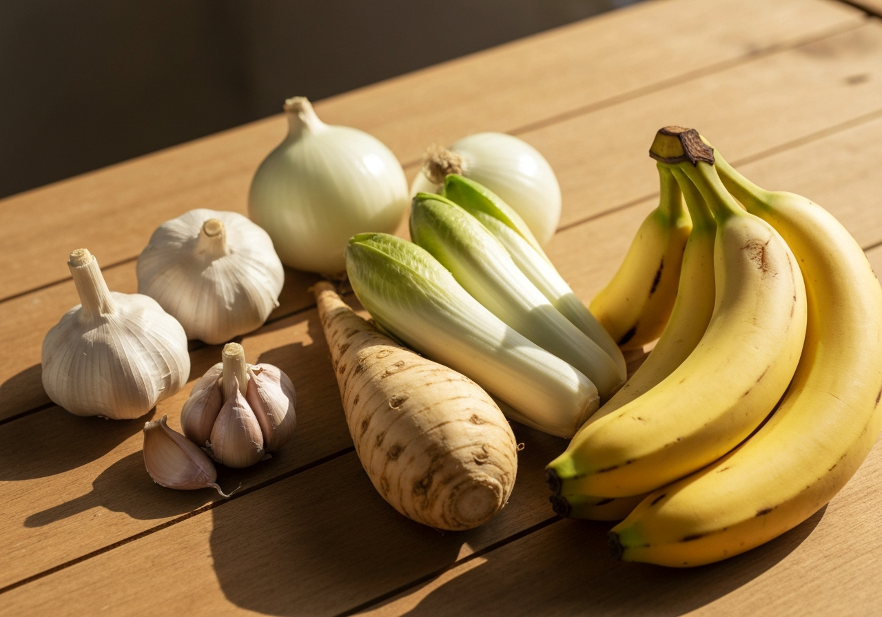 A flat lay of organic prebiotic rich foods like garlic, onions, chicory root, and bananas on a rustic wooden table, soft natural morning light, cinematic editorial style, 85mm lens, high resolution, no text, no letters