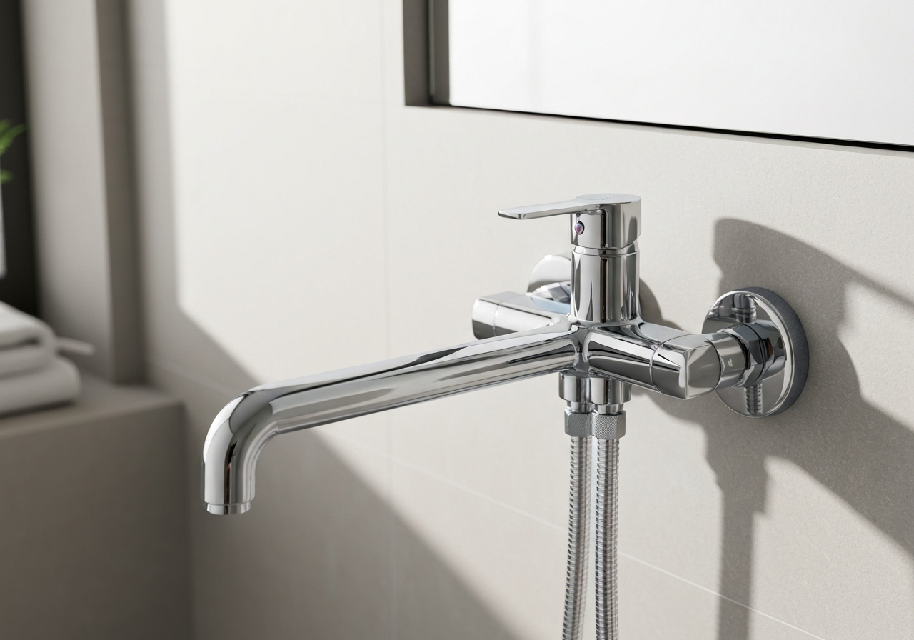 Close-up of a modern thermostatic shower faucet with sleek chrome finish in a minimalist luxury bathroom, soft natural light, editorial photography style, 85mm lens, high detail, no text, no letters