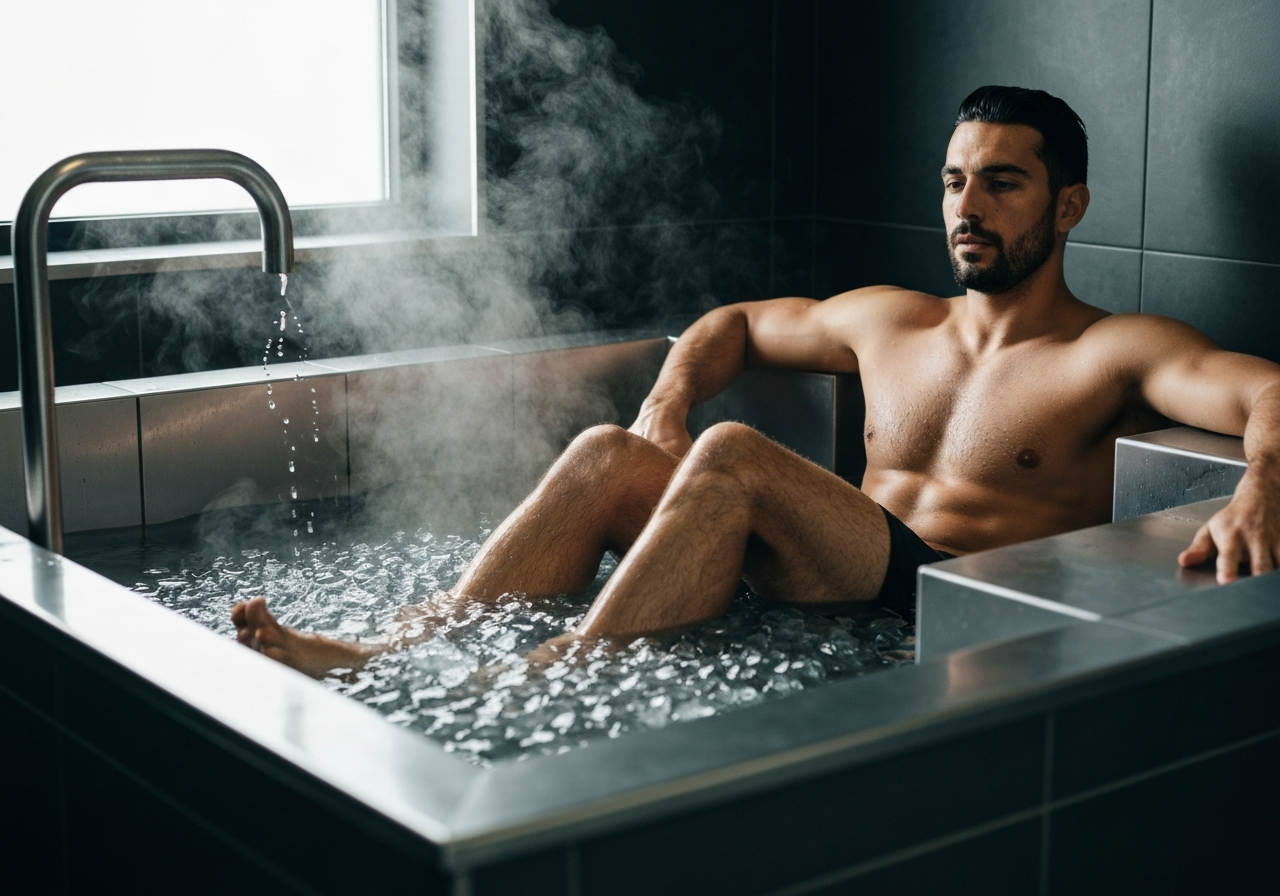 A professional athlete immersing legs in an ice bath after a workout, modern training facility, cinematic lighting, editorial aesthetic, 85mm lens, focus on recovery and steam rising, high detail, no text, no words, no letters.