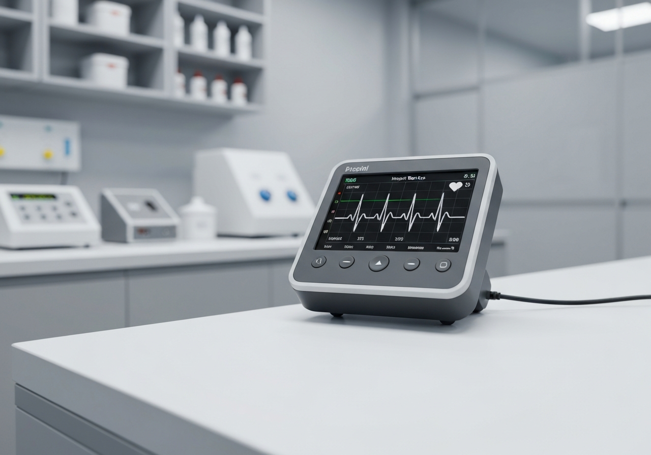 Kolísavý tlak: Co skutečně pomáhá? (Test 2026) 2 A professional medical monitoring device displaying a heart rate graph on a clean white table, modern clinical environment, soft natural light, shallow depth of field, 85mm lens, premium editorial aesthetic, no text, no words, no letters
