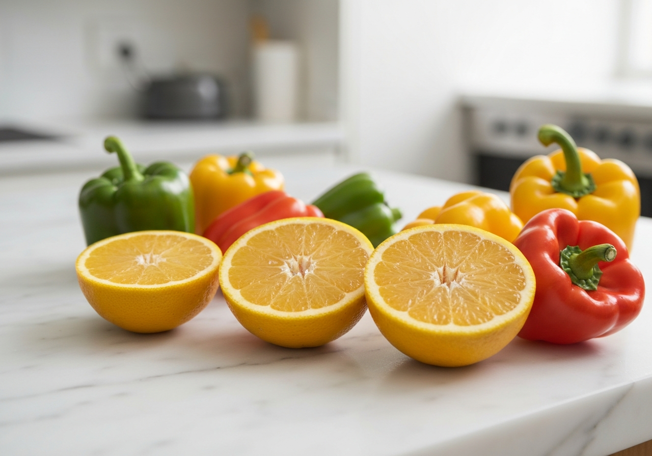 Vitamin C pro imunitu: Kompletní průvodce 2026 2 A macro, high-resolution shot of fresh, halved citrus fruits and colorful bell peppers on a clean marble surface, bright and airy kitchen environment, soft natural morning light, editorial photography, 85mm lens, depth of field, no text, no words, no letters