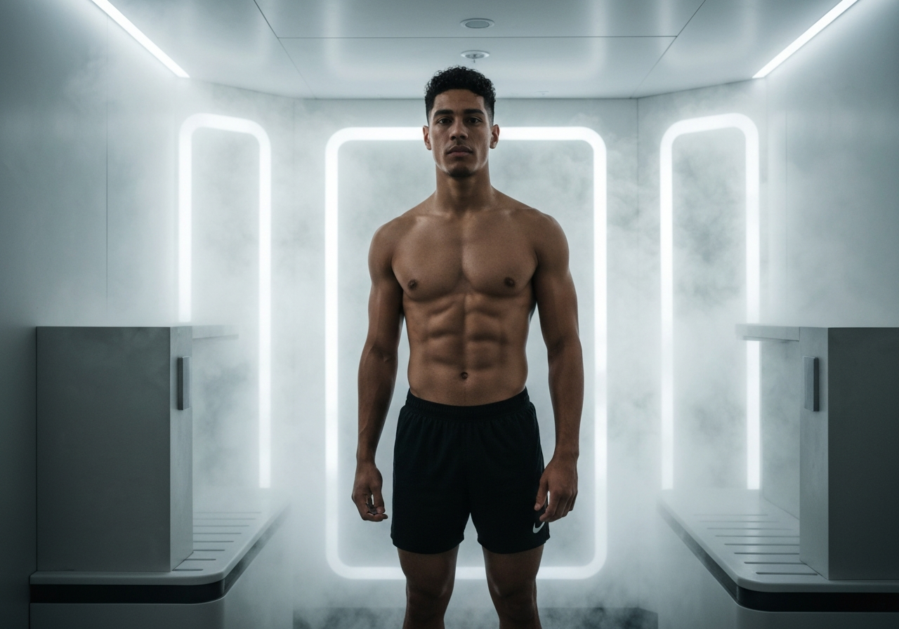 A professional athlete standing in a modern, minimalist cryotherapy chamber, steam rising around them, editorial photography, high contrast, clean aesthetic, soft clinical lighting, 85mm lens, highly detailed, no text, no letters