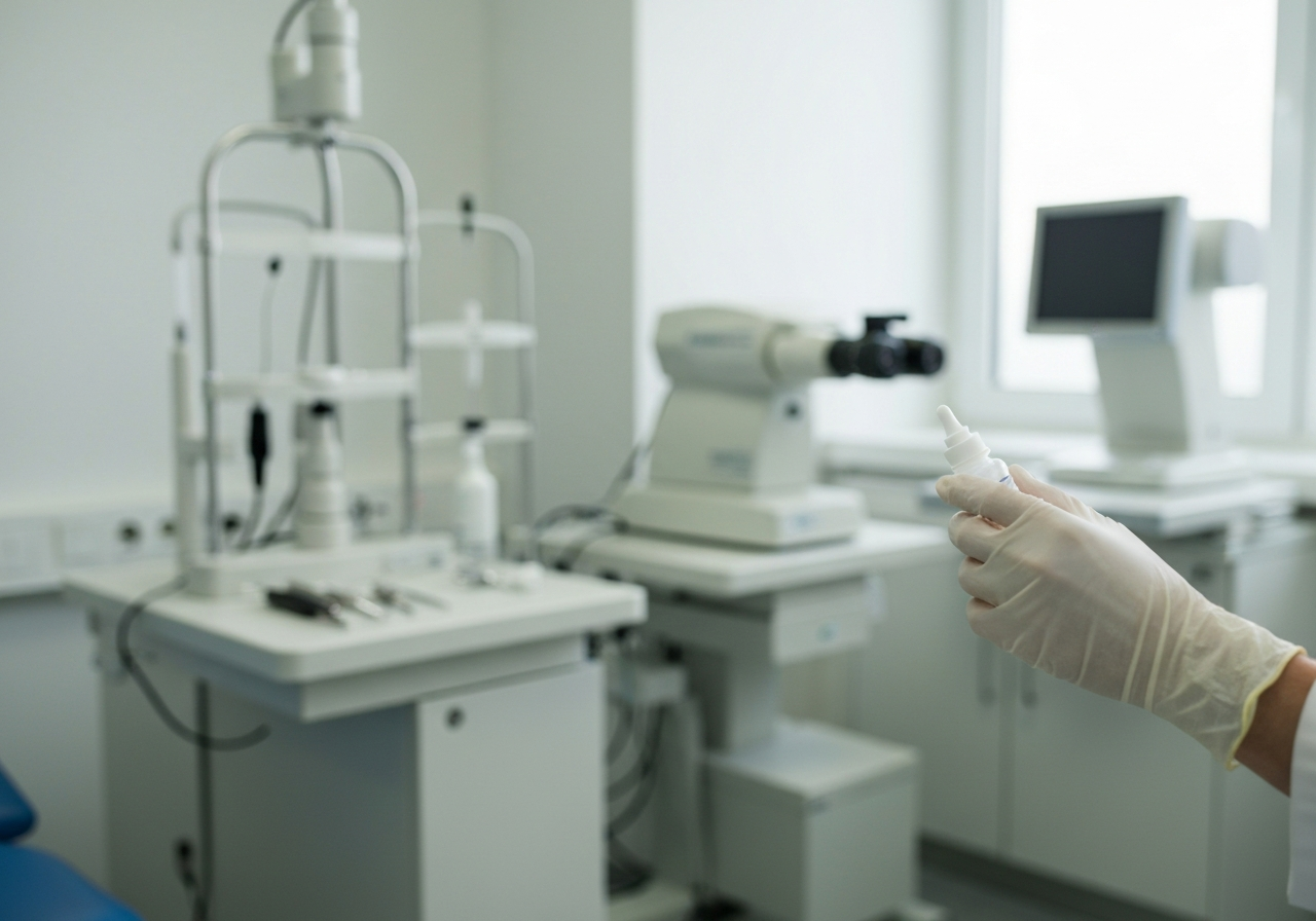 A sterile, modern medical environment focusing on an ophthalmology examination room, a doctor's hand holding a sterile eye drop bottle near a blurred, clean medical background, editorial photography style, high quality, soft natural light, 85mm lens, no text, no letters.
