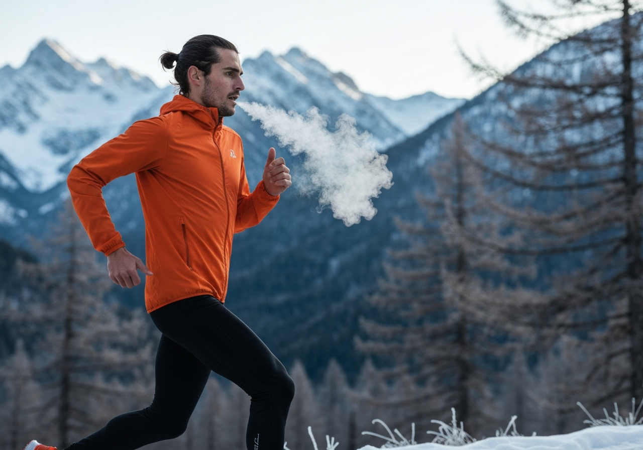 A professional runner mid-stride during a winter trail run, breath visible in the frosty air, intense focus, crisp mountain landscape background, editorial photography, soft natural morning light, 85mm lens, high resolution, no text, no words, no letters