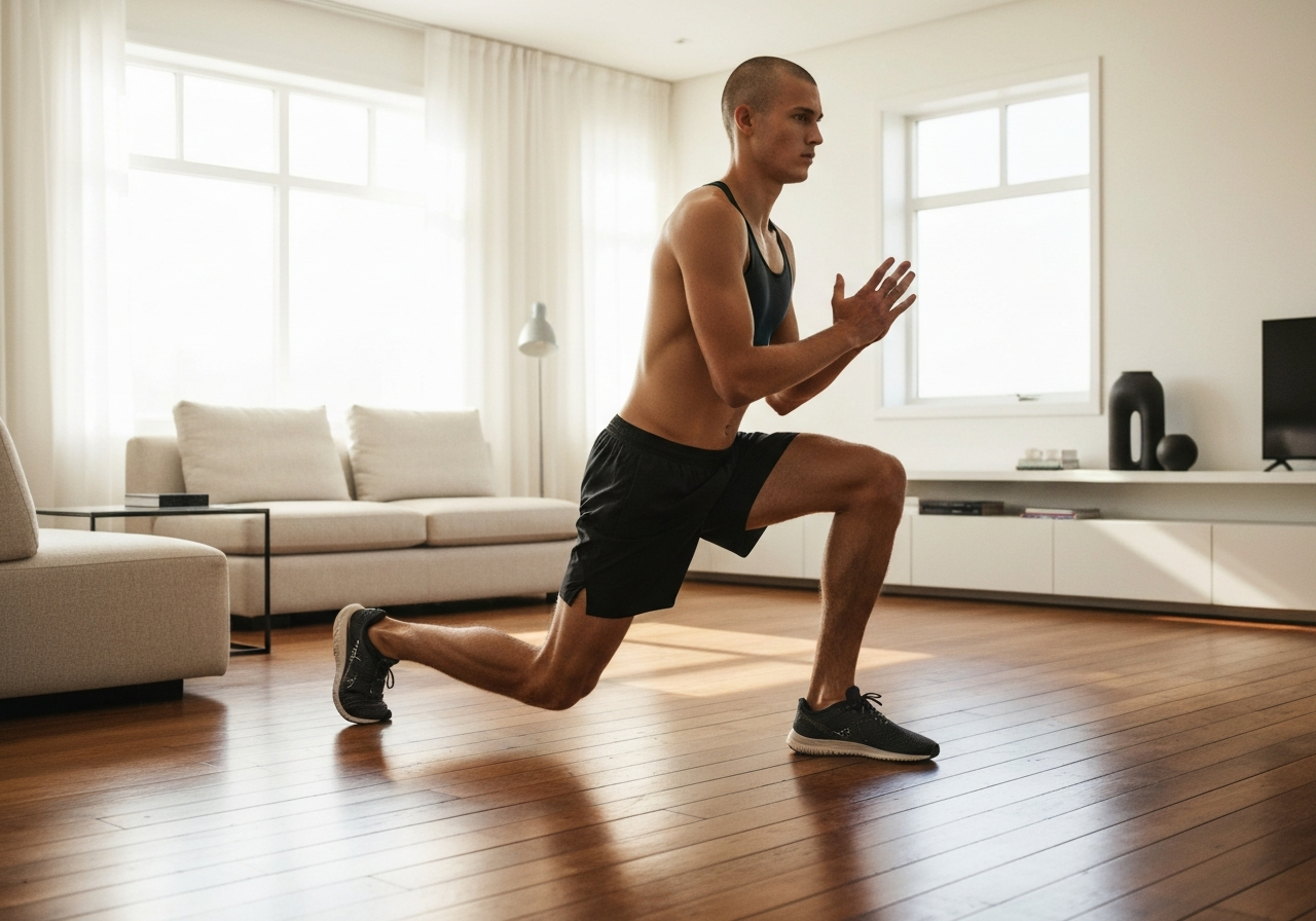 A runner performing dynamic lunges in a bright, modern living room, hardwood floors, minimalist interior, soft natural light streaming through a window, 85mm lens, editorial photography, highly detailed, no text, no words, no letters