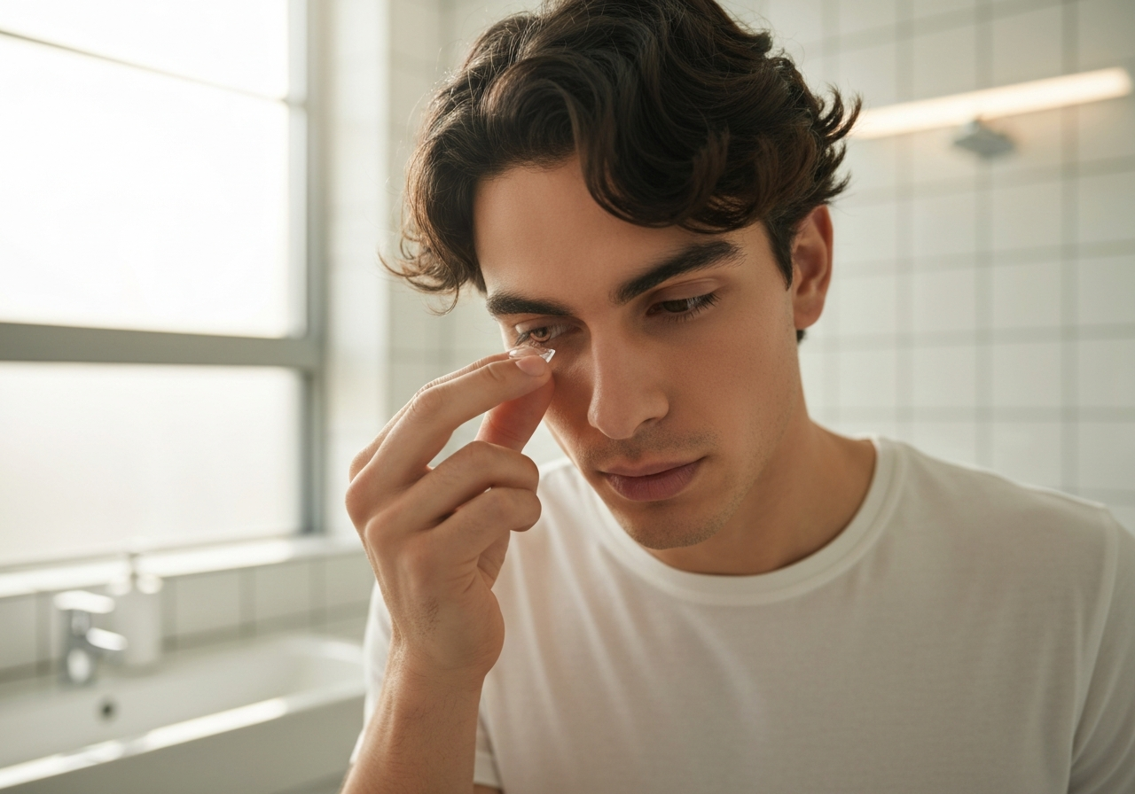 A high-resolution close-up of a person putting in a contact lens, soft focus background of a clean modern bathroom, soft natural light, 85mm macro lens, editorial style, professional health photography, no text, no words.