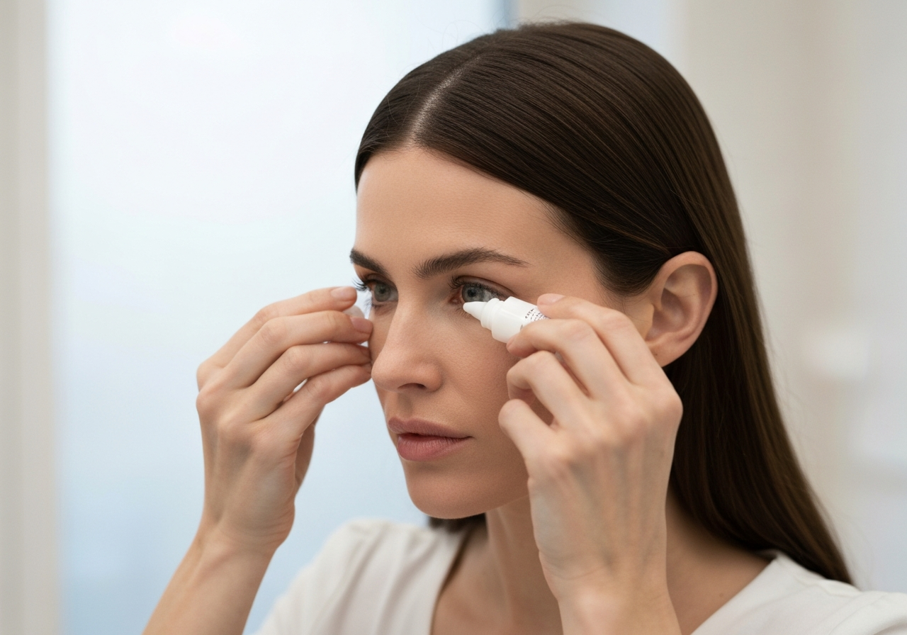 A close-up, high-quality editorial shot of a woman carefully applying moisturizing eye drops, soft natural light, minimalist and clinical environment, premium aesthetic, 85mm lens, shallow depth of field, no text, no words, no letters.
