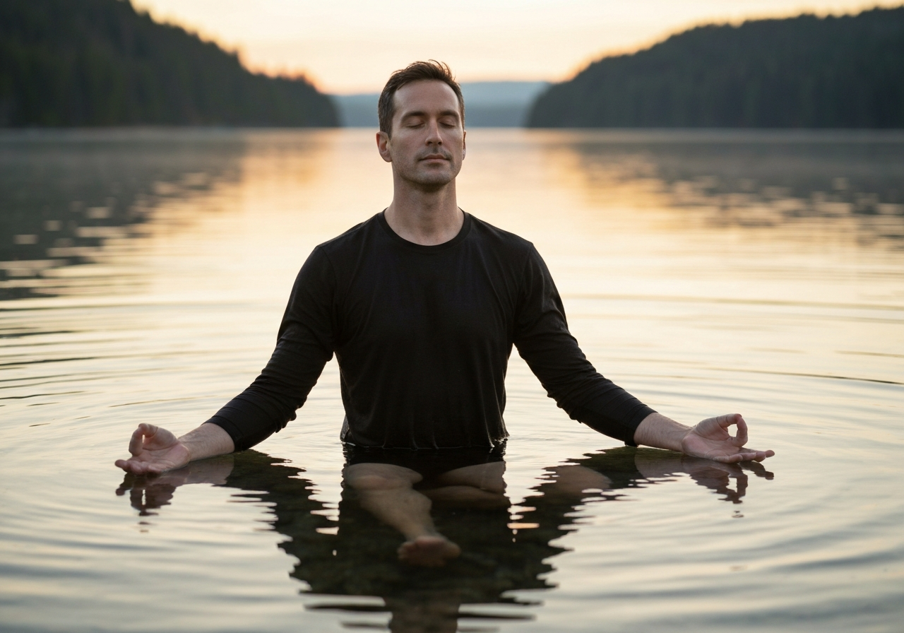 Otužování: Jak začít bezpečně (Návod krok za krokem) 3 A man meditating in a cold outdoor lake during sunrise, serene atmosphere, modern editorial aesthetic, soft morning light reflecting on water surface, shallow depth of field, 85mm lens, high resolution, no text, no letters.