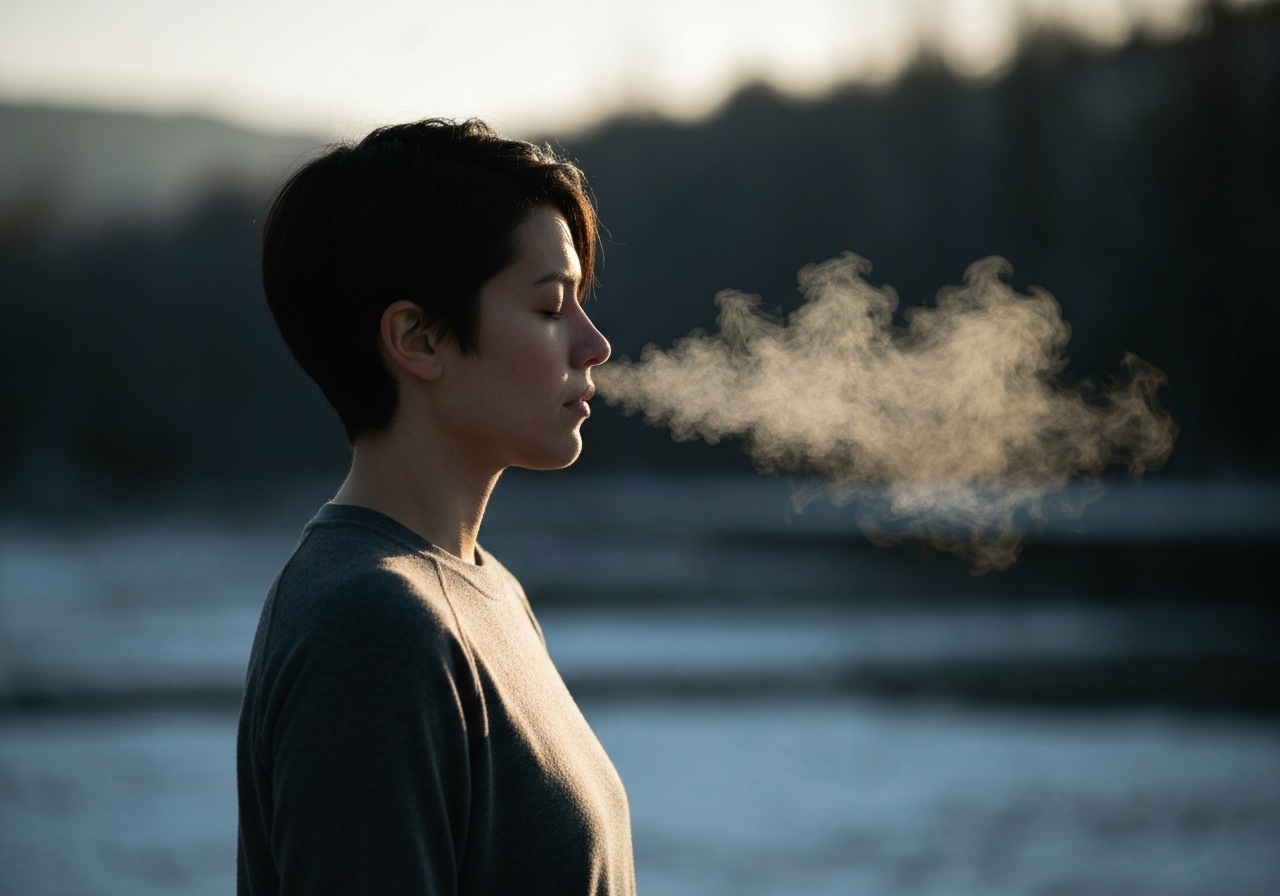 A focused person standing calmly in a cold outdoor environment, breath visible in the air, morning light, meditative atmosphere, editorial photography, 85mm lens, shallow depth of field, high contrast, clean, premium, no text, no letters.