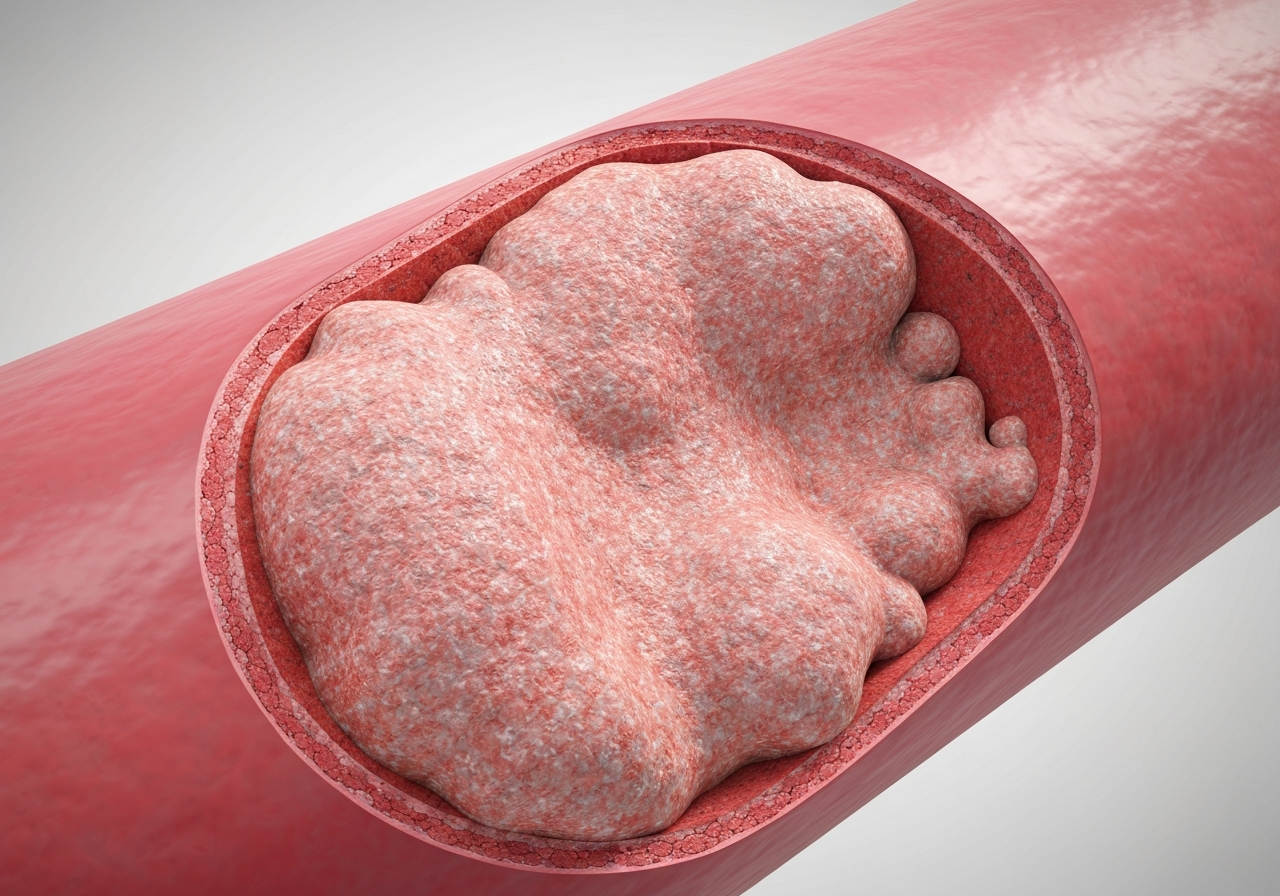 Hranice cholesterolu 2026: Kompletní tabulka (Expert) 3 A professional medical illustration of a human artery cross-section showing plaque buildup, clinical and clean background, soft lighting, 85mm lens, high detail, no text, no words, no letters