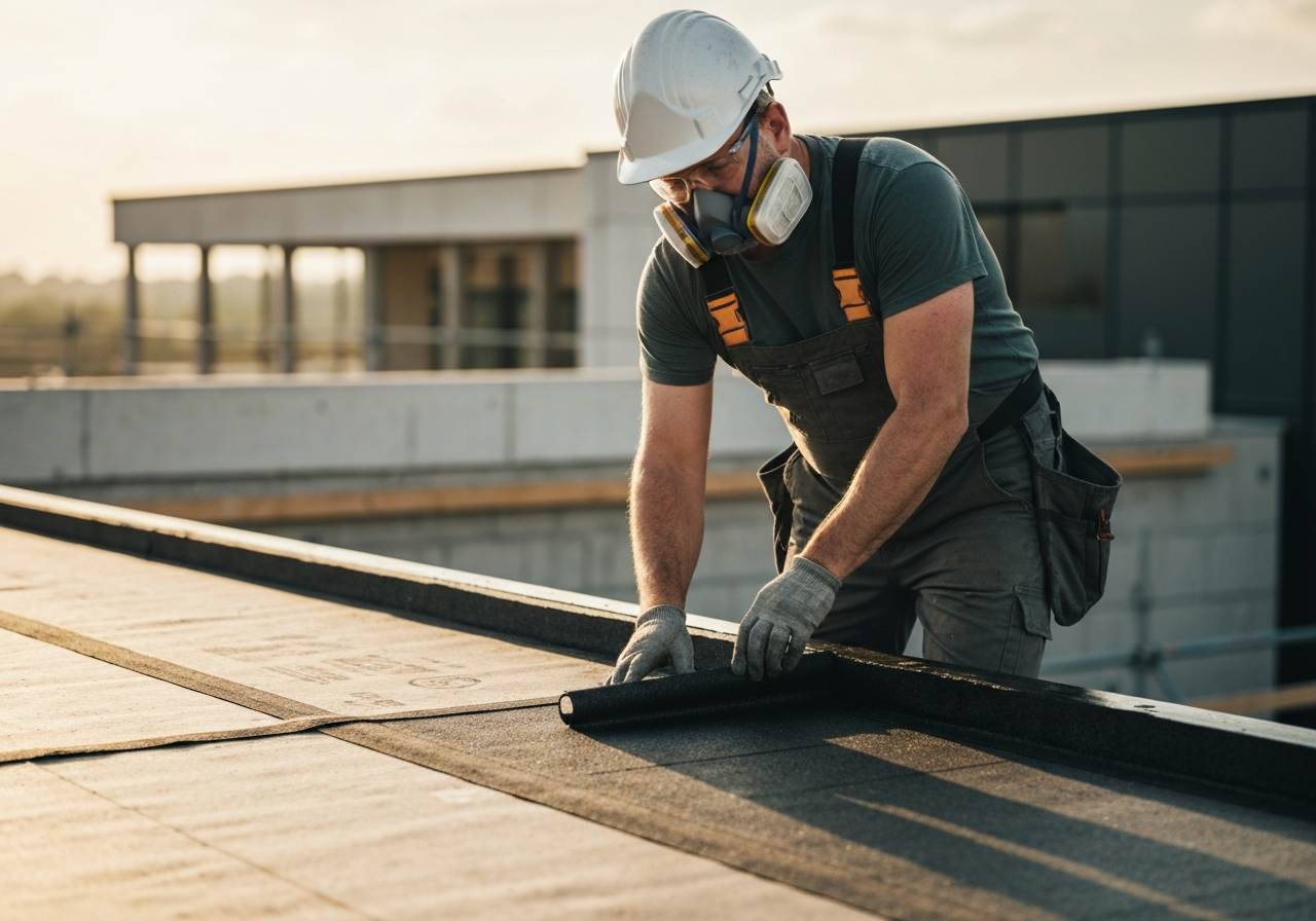 Professional roofing contractor installing bitumen membrane on a rooftop, wearing protective gear and respirator, modern construction site, soft natural sunlight, cinematic editorial photography, 85mm lens, high detail, no text, no words