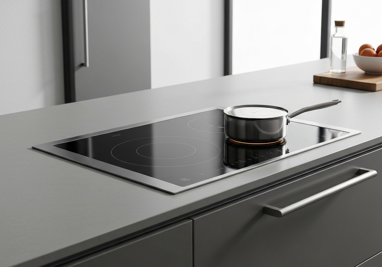 A detailed close-up shot of an induction cooktop surface with a modern stainless steel pot bottom glowing slightly, showing the magnetic field interaction, clean high-tech kitchen environment, soft natural light, editorial photography, 85mm lens, high quality, no text, no words, no letters