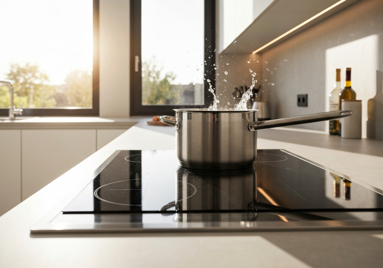 A professional induction cooktop surface in a modern, sunlit kitchen, a stainless steel pot with water boiling rapidly, water droplets in mid-air, editorial style, shallow depth of field, 85mm lens, high-end appliance photography, no text, no words.