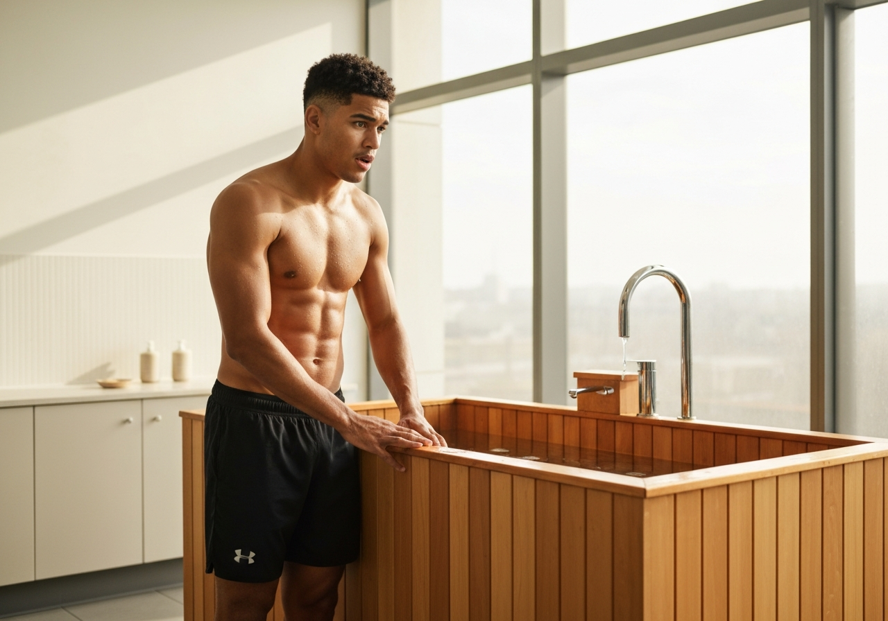 Otužování v práci: Funguje to skutečně? (Pravda) 3 A professional athlete preparing for a cold water immersion, standing next to a modern wooden ice bath, clinical environment, minimalist spa design, soft natural morning light, 85mm lens, high resolution, no text, no words, no letters