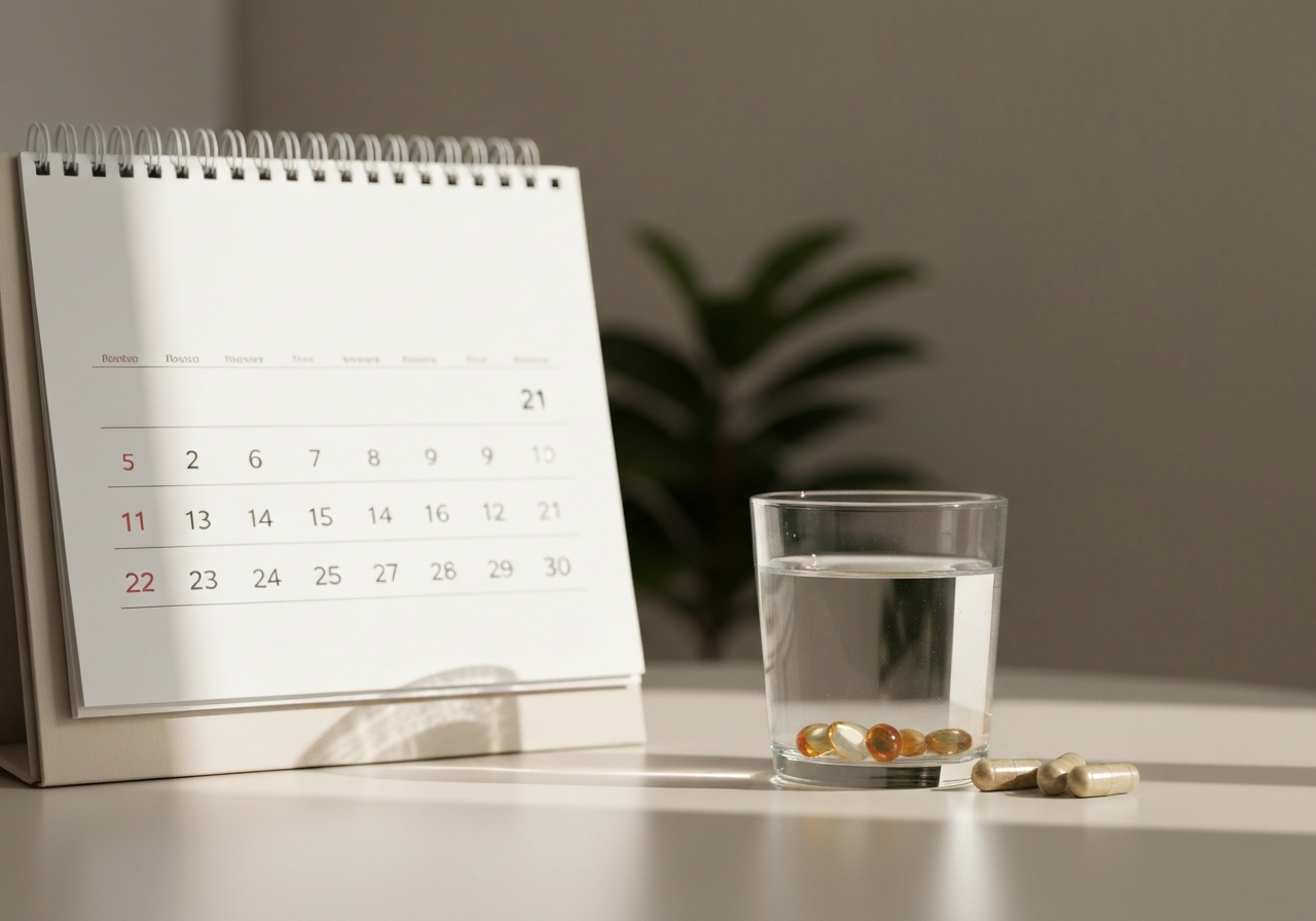 Detox lék: Opravdu funguje? (Pravda, kterou musíte znát) 3 A professional clinical setting, a calendar with gradual markings and a glass of clean water with natural herbal supplements, modern minimalist design, soft natural light, premium editorial photography, 85mm lens, no text, no letters