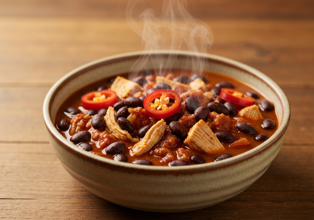 A gourmet bowl of hearty chicken chili with black beans and fresh chili peppers, rustic ceramic bowl, wooden table, warm ambient lighting, editorial food photography, shallow depth of field, 85mm lens, high resolution, no text, no letters