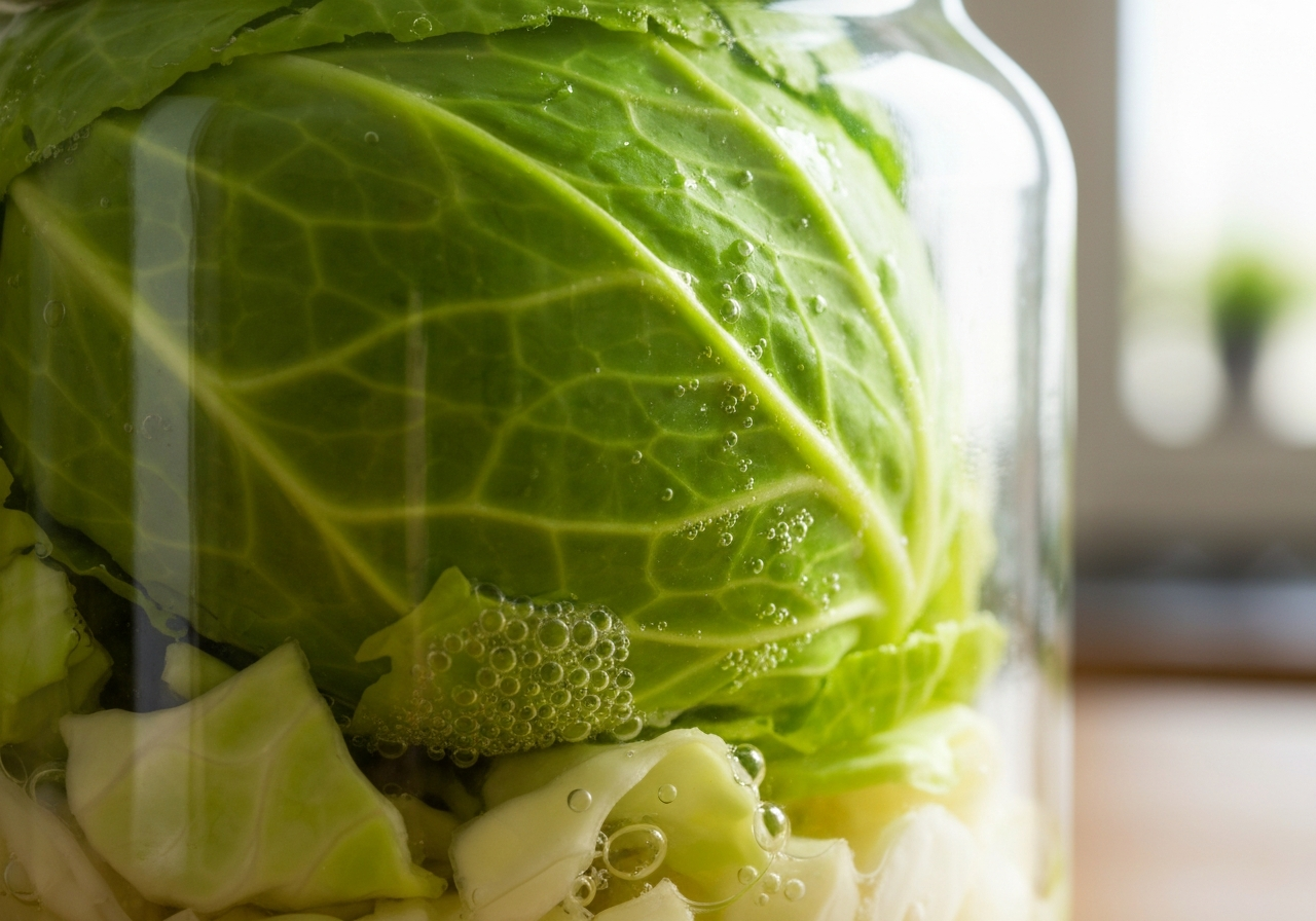 Macro close-up of fermenting cabbage in a glass jar, tiny bubbles trapped between leaves, bright and airy modern kitchen, editorial food photography, soft natural light, 85mm lens, highly detailed, no text, no letters