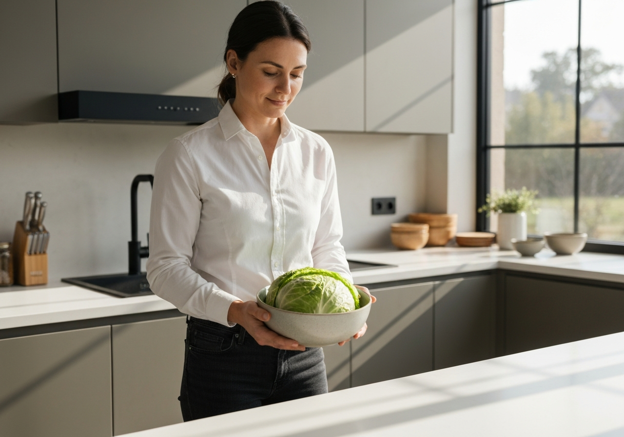 A professional nutritionist holding a bowl of fresh fermented cabbage in a bright, modern minimalist kitchen, soft natural light, 85mm lens, depth of field, premium aesthetic, no text, no words, no letters