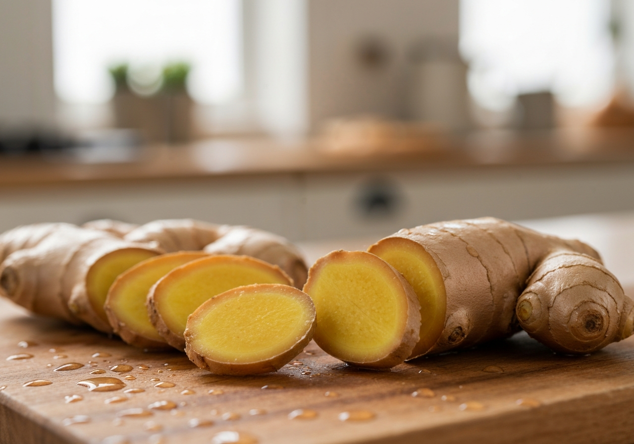 Macro photography of freshly sliced organic ginger roots on a rustic wooden cutting board, water droplets, bright airy kitchen background, soft natural sunlight, 85mm lens, shallow depth of field, premium editorial style, no text, no words, no letters