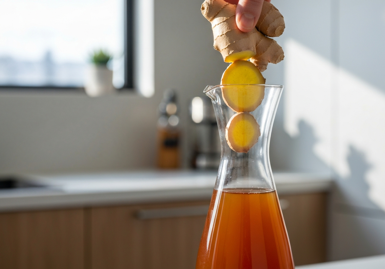 Close-up professional editorial shot of fresh ginger slices being pressed into a glass carafe, amber-colored homemade ginger syrup, modern minimalist kitchen background, soft natural sunlight, 85mm lens, depth of field, premium aesthetic, no text, no letters