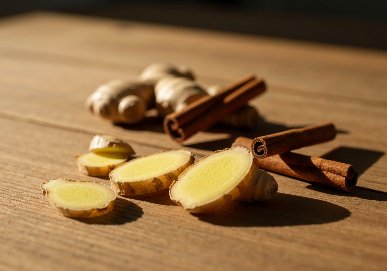 Domácí sirup: Hotový za 15 minut (Recept 2026) 2 Macro editorial photography of fresh ginger root slices and cinnamon sticks scattered on a rustic wooden table, soft natural morning light, depth of field, premium aesthetic, 85mm lens, no text, no letters