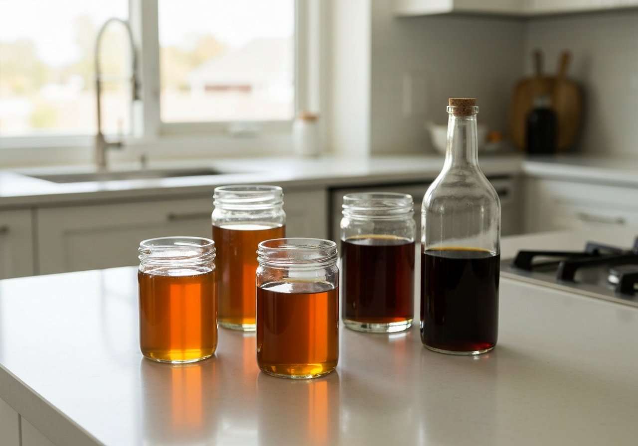 Domácí sirup: Hotový za 15 minut (Recept 2026) 3 Still life of natural sweeteners, amber honey, agave syrup, and chicory syrup in elegant glass jars, bright minimalist kitchen countertop, editorial food photography, soft natural morning light, 85mm lens, high resolution, no text, no letters