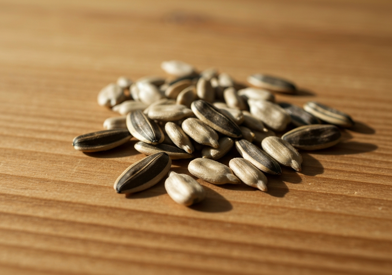 A professional close-up shot of raw sunflower seeds scattered on a minimalist rustic wooden table, soft natural daylight, shallow depth of field, premium editorial style, no text, no words, no letters