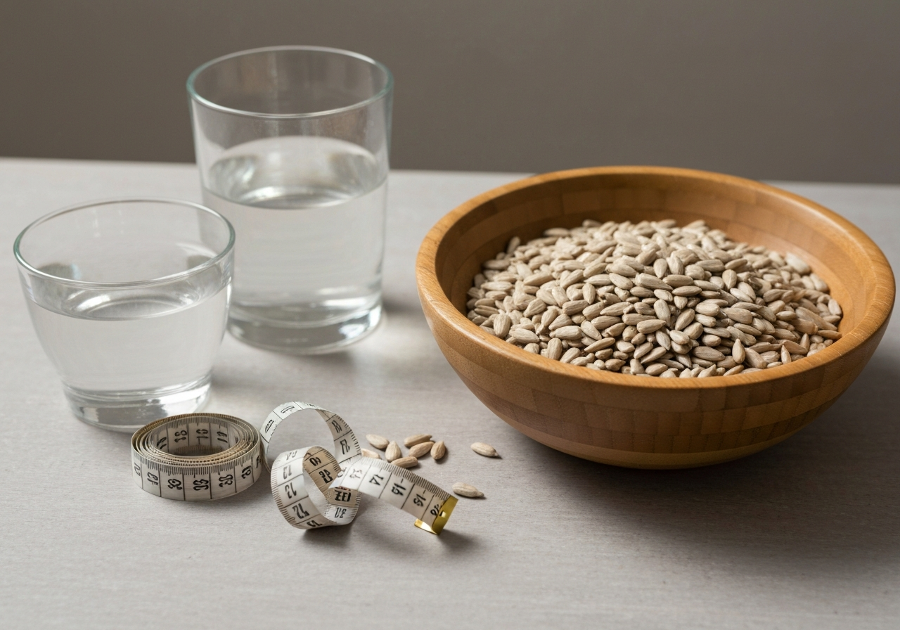 A professional nutritionist's workspace with a wooden bowl filled with sunflower seeds, a glass of water, and a measuring tape, clean aesthetic, soft natural light, 85mm lens, high quality editorial food photography, no text, no words, no letters