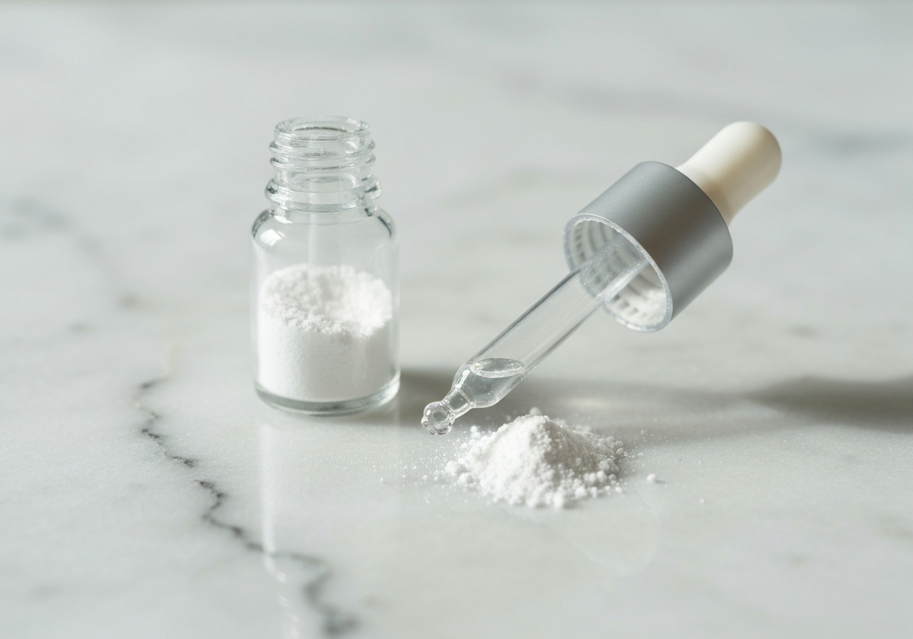 Kyselina askorbová: 7 benefitů pro pleť (Rychlý přehled) 2 A macro shot of a crystalline L-ascorbic acid powder next to a translucent dropper bottle on a minimalist marble surface, bright and airy medical aesthetics, soft natural light, 85mm lens, high resolution, no text, no words, no letters.