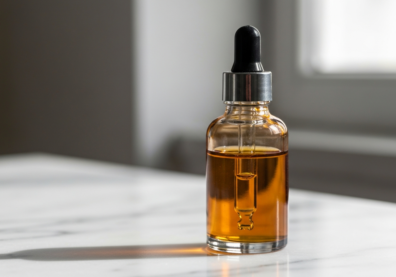 Kyselina askorbová: 7 benefitů pro pleť (Rychlý přehled) 3 A professional serum glass dropper bottle on a marble surface, half-filled with amber liquid, soft sunlight filtering through, high-end editorial skincare photography, depth of field, 85mm lens, neutral tones, no text, no words, no letters