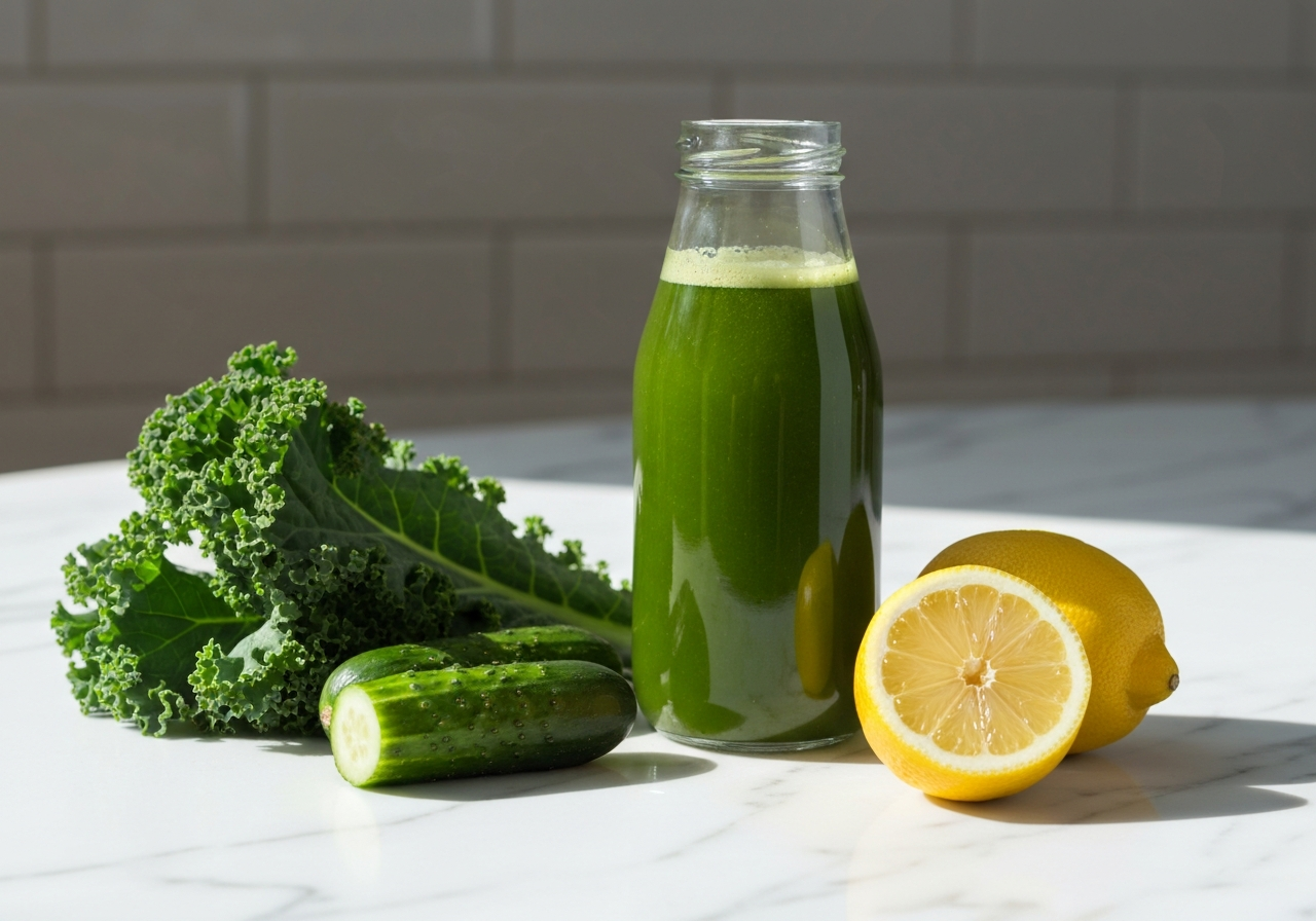 A professional glass bottle of vibrant green cold-pressed juice placed next to fresh kale, cucumbers, and lemons on a clean white marble countertop, soft morning natural light, editorial photography style, 85mm lens, high resolution, minimalist composition, no text, no letters.