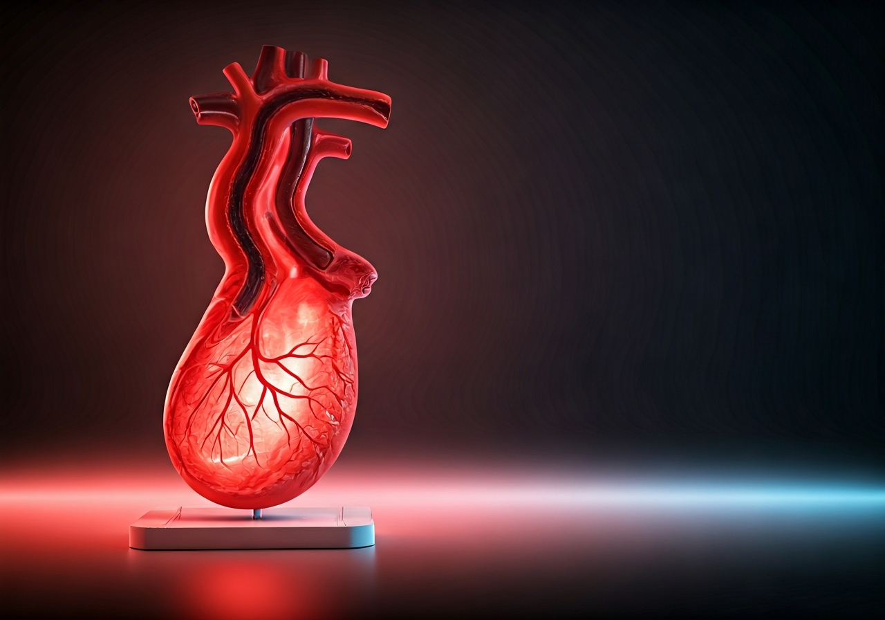 A conceptual representation of a quiet, hidden health threat, a pristine medical environment with a focus on an abstract, transparent red artery model, clean bokeh, clinical aesthetic, editorial photography, soft natural light, 85mm lens, highly detailed, no text, no words, no letters.
