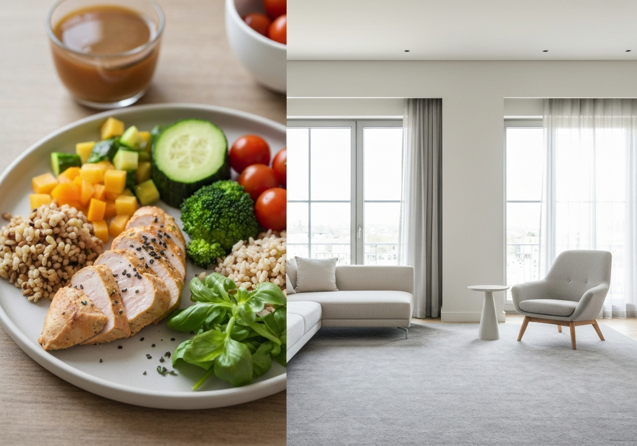 Detoxikace budov: 3 rychlé kroky pro zdravý domov (Návod) 2 A split composition showing a healthy balanced meal on one side and a clean, minimalist modern living room on the other, editorial photography, soft natural light, 85mm lens, high resolution, no text, no words, no letters