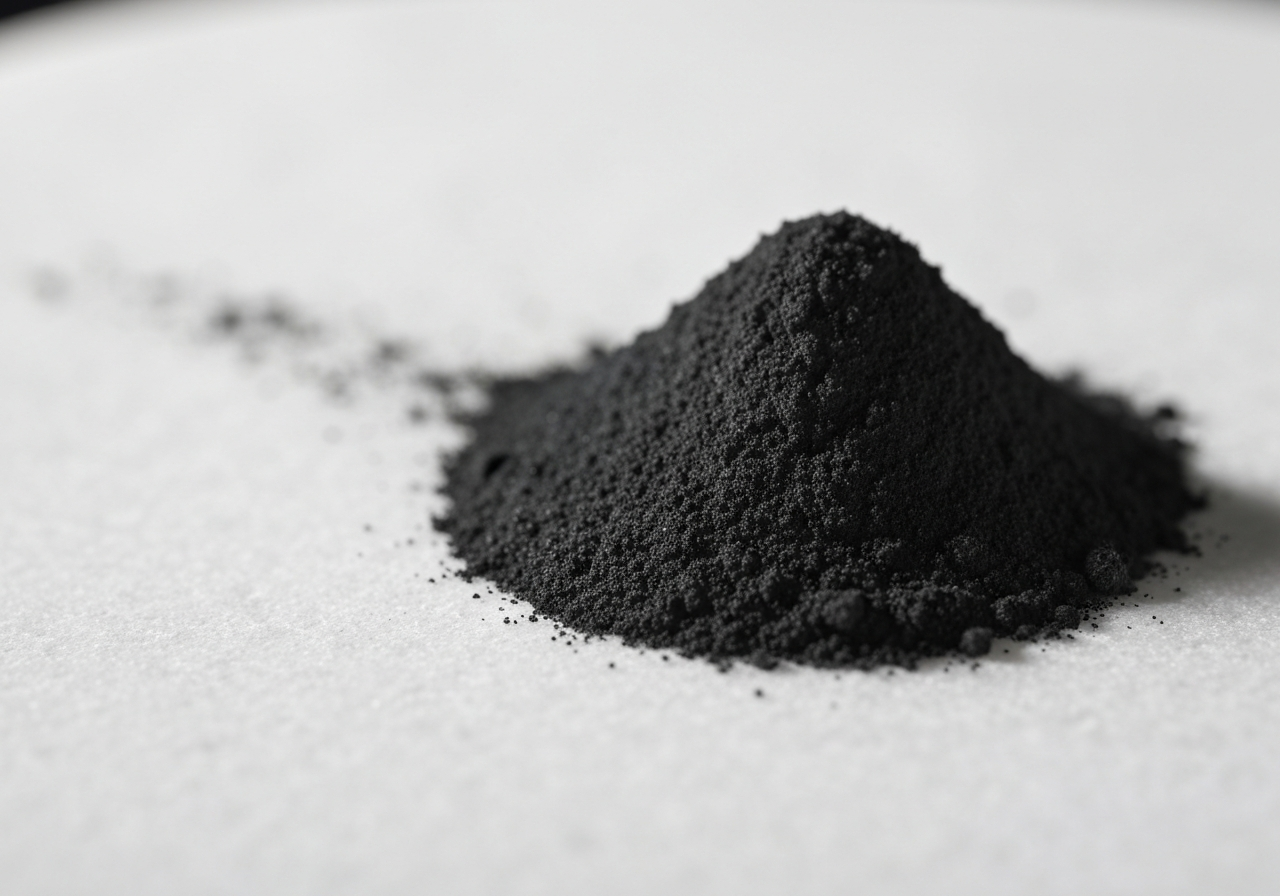 Bielenda Carbo Detox maska: Funguje? (Test po 10 minutách) 2 A macro close-up of premium cosmetic activated carbon powder texture, scattered elegantly on a minimalist white stone surface, clean beauty aesthetic, soft natural light, 85mm lens, highly detailed, no text, no letters