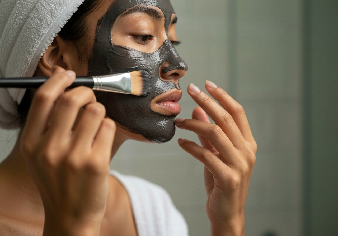 Bielenda Carbo Detox maska: Funguje? (Test po 10 minutách) 3 A close-up of a person gently applying a dark, smooth carbon face mask with a professional brush, modern minimalist bathroom background, editorial skincare photography, soft natural light, 85mm lens, high detail, no text, no letters