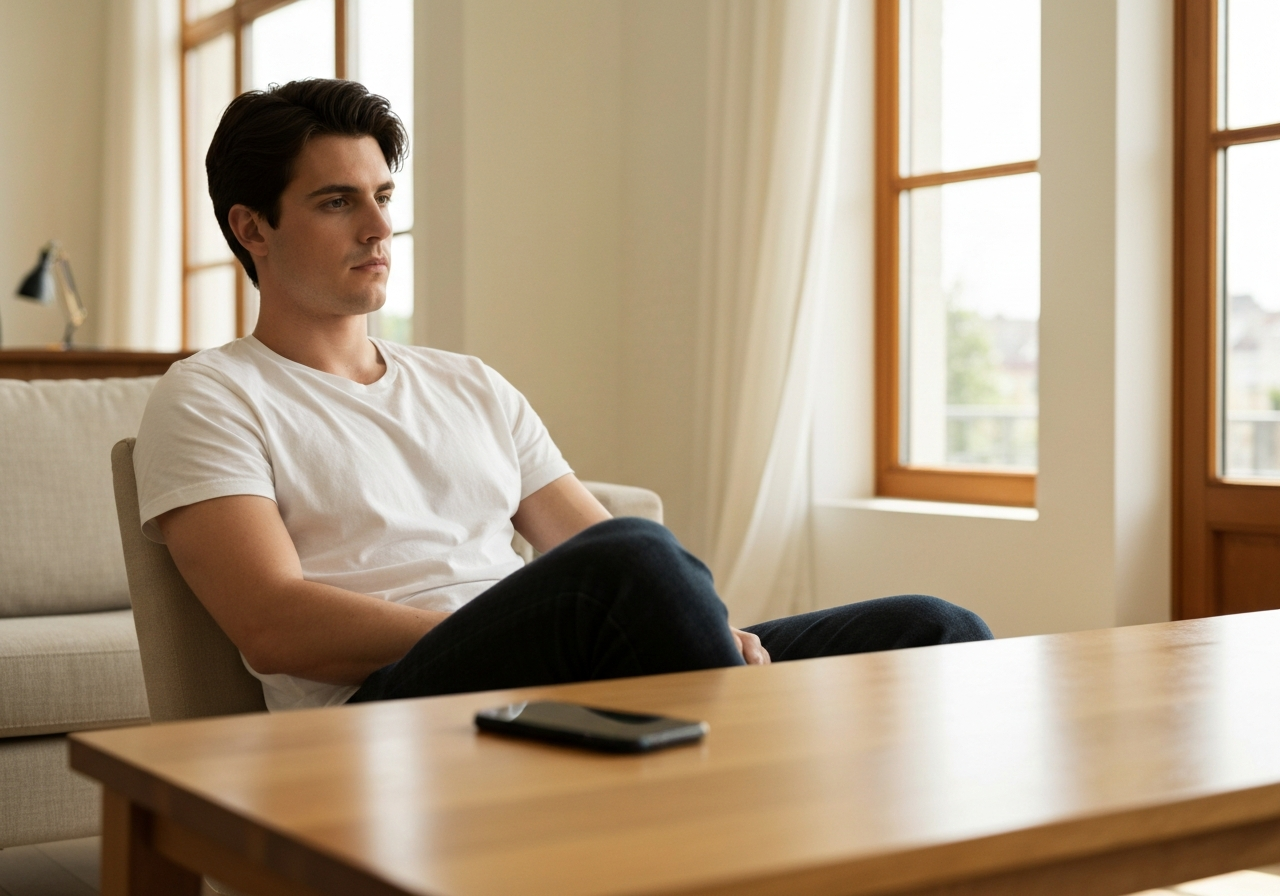 Digi detox: 10 kroků pro příliv energie (Za 5 minut) 2 A person sitting in a minimalist, sunlit living room with their smartphone placed face-down on a wooden table, focus on a calm workspace, premium editorial aesthetic, soft natural light, 85mm lens, highly detailed, no text, no letters