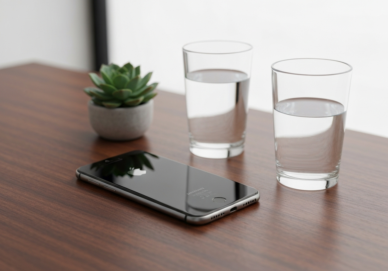 Digi detox: 10 kroků pro příliv energie (Za 5 minut) 3 A minimalist desk setup with a high-end smartphone turned face down, a glass of water, and a small plant, soft natural light, aesthetic editorial photography, 85mm lens, depth of field, no text, no letters.