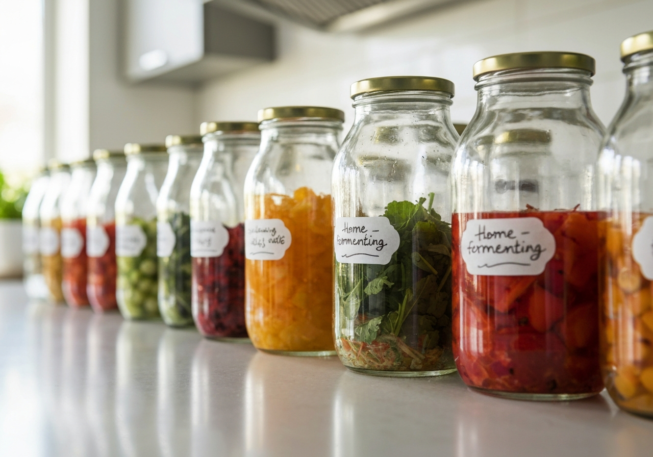 Close-up of clear glass fermentation jars with artisanal labels, sunlight filtering through natural ingredients, modern kitchen background, editorial aesthetic, 85mm lens, soft natural lighting, high resolution, no text, no letters
