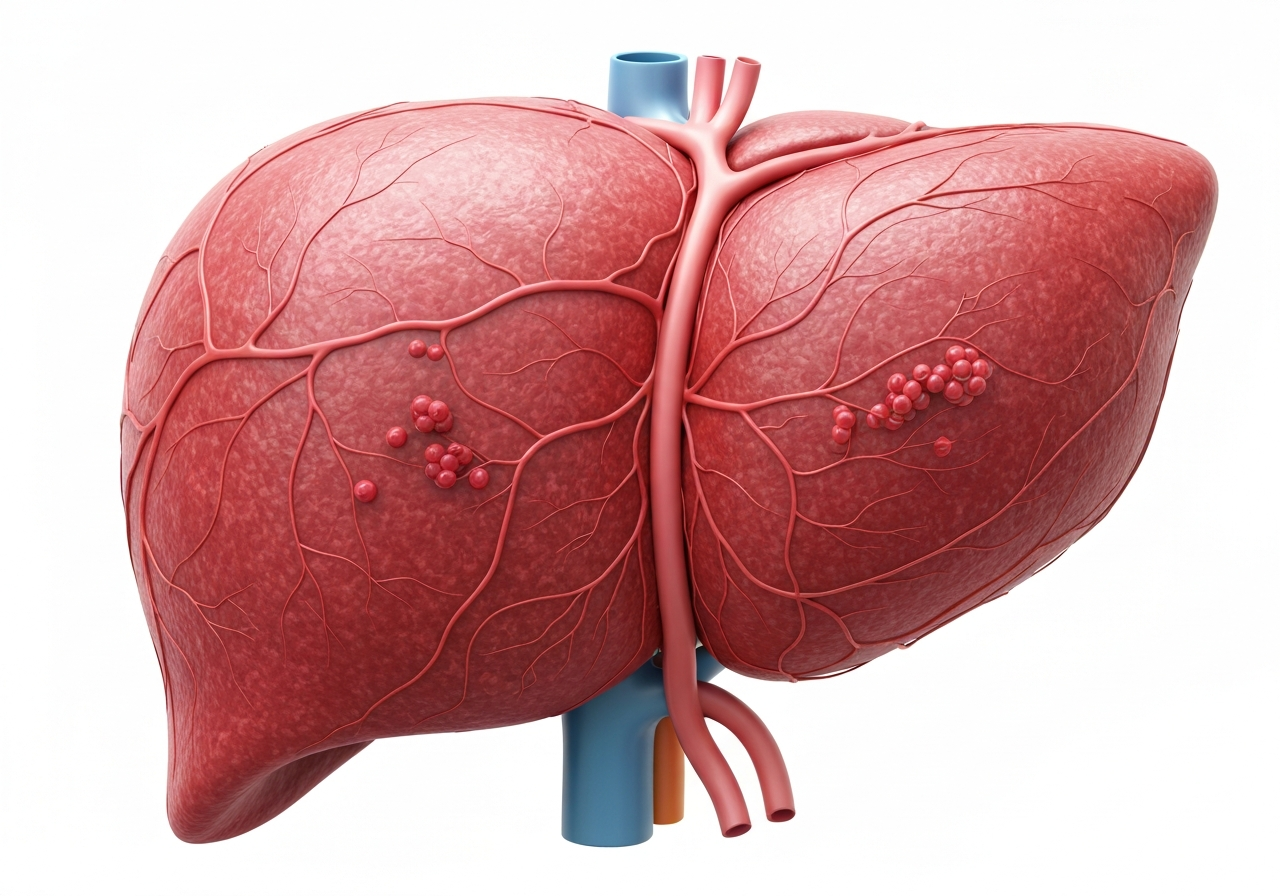 A professional, clinical-grade medical illustration of a human liver showing complex molecular pathways and cellular interactions, clean aesthetic, studio lighting, macro photography, 85mm lens, high resolution, no text, no letters, no words