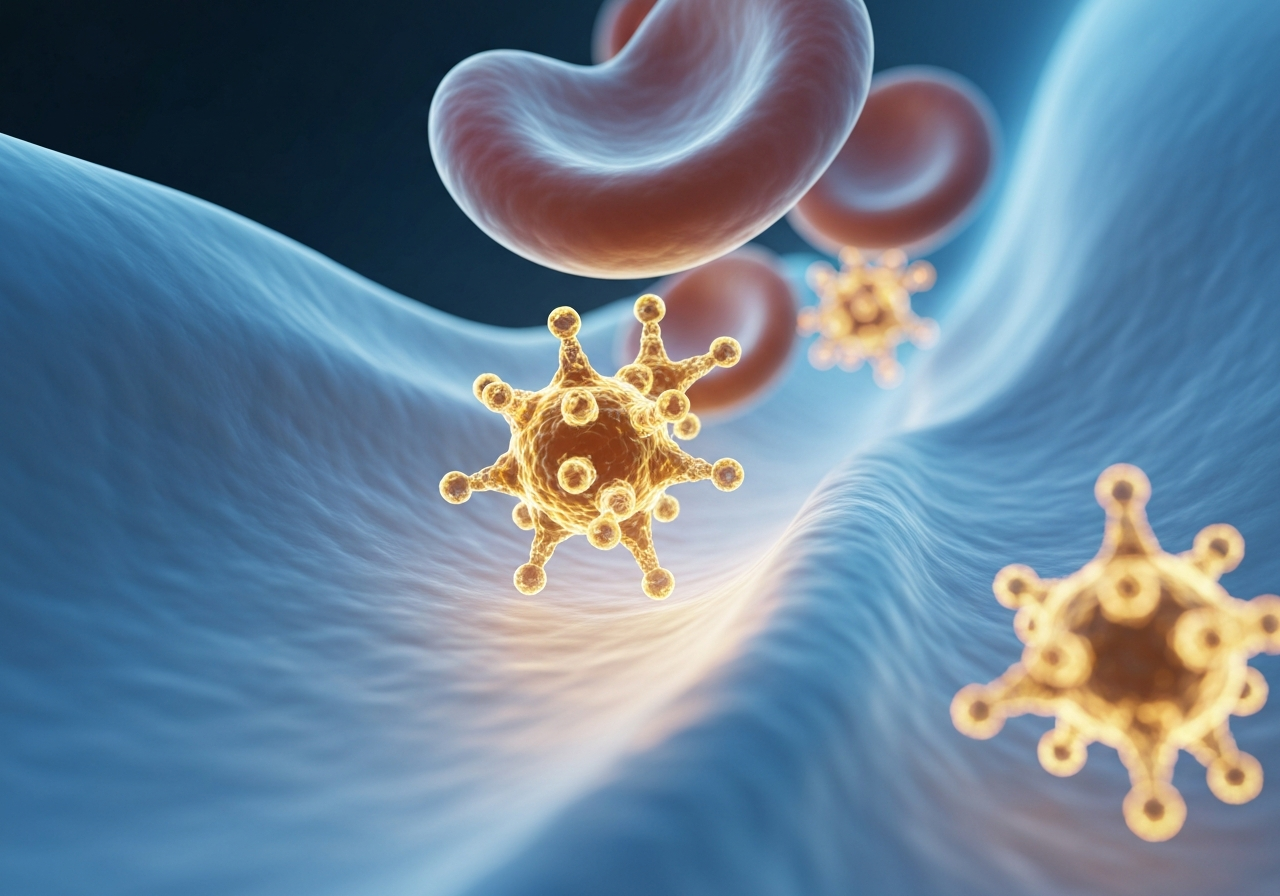 Zvýšený cholesterol: Jak jej snížit (Rychlý návod) 2 A scientific representation of molecular cholesterol structures inside a human bloodstream, clean medical aesthetic, high-end 3D visualization, soft blue and golden lighting, shallow depth of field, 85mm lens, highly detailed, no text, no letters