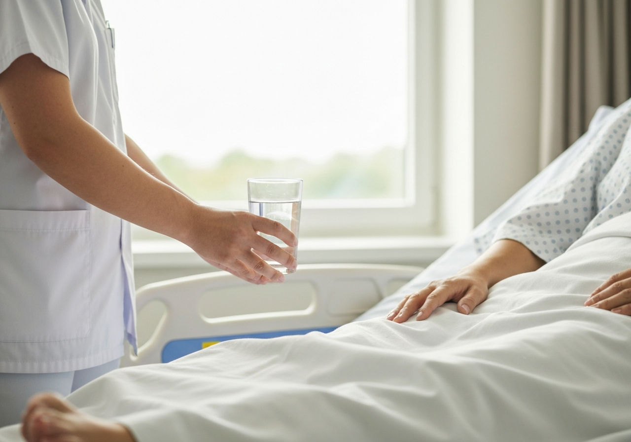 Clinical professional hands placing a glass of water next to a patient in a calm, minimalist medical environment, soft natural light, premium editorial aesthetic, 85mm lens, high detail, no text, no letters