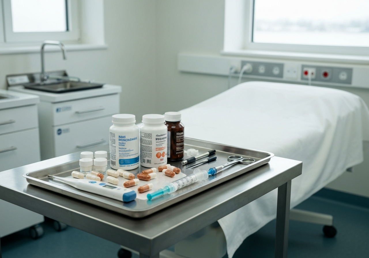 A sterile, modern hospital room with a clean, organized medical tray containing vitamin supplements and professional medical equipment, soft natural light, editorial photography style, 85mm lens, high detail, cinematic composition, no text, no words, no letters.