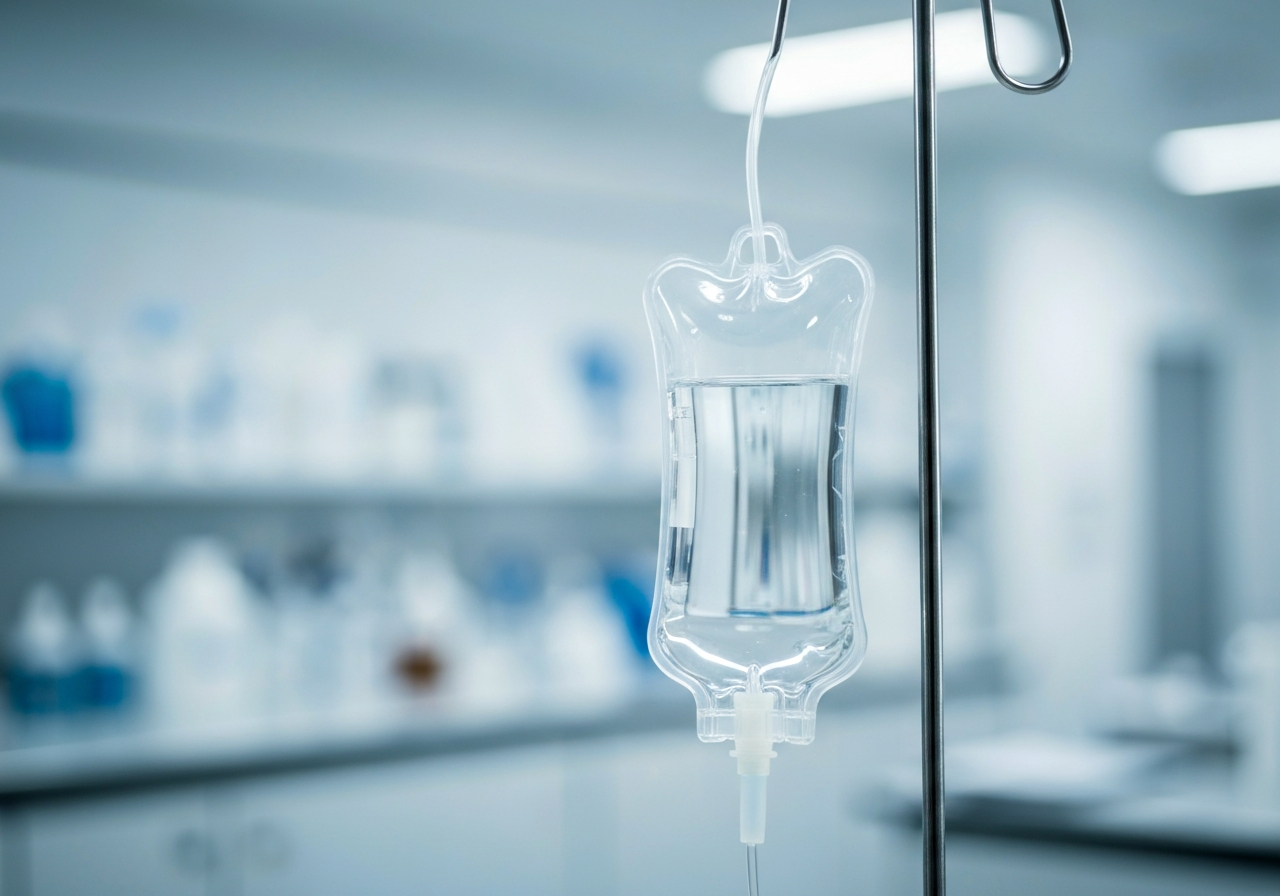 PK hodnota vitamínu C: Kompletní přehled (za 2 minuty) 3 Macro shot of a sterile medical infusion bag with a transparent solution, clinical laboratory background with soft bokeh, clean and modern aesthetic, professional lighting, 85mm lens, high quality, no text, no letters, no labels.