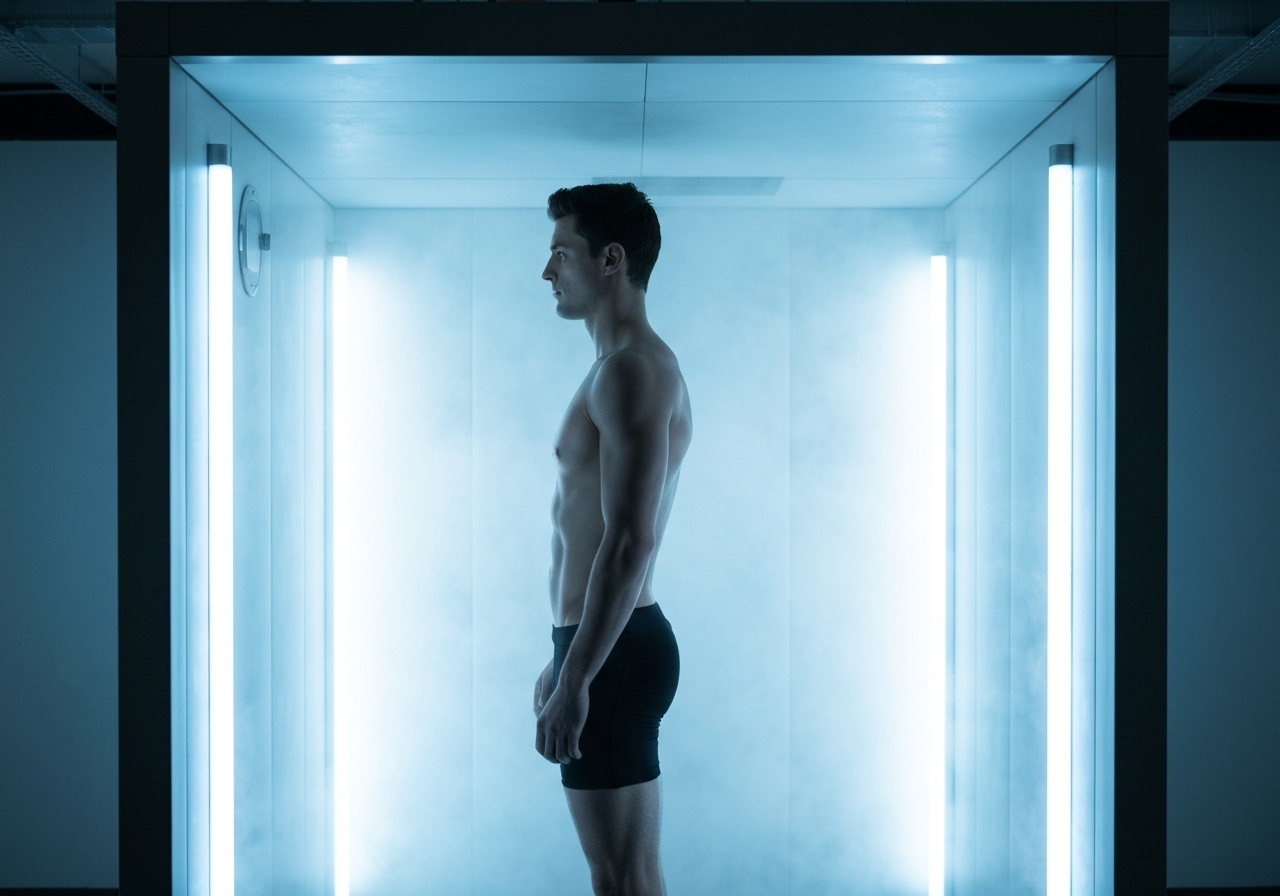 Otužování: Opravdu funguje? (Pravda bez mýtů) 2 A professional athlete standing in a modern, minimalist cryotherapy chamber, side profile, steam effect, clean industrial background, editorial photography, soft natural light, 85mm lens, high resolution, no text, no words, no letters