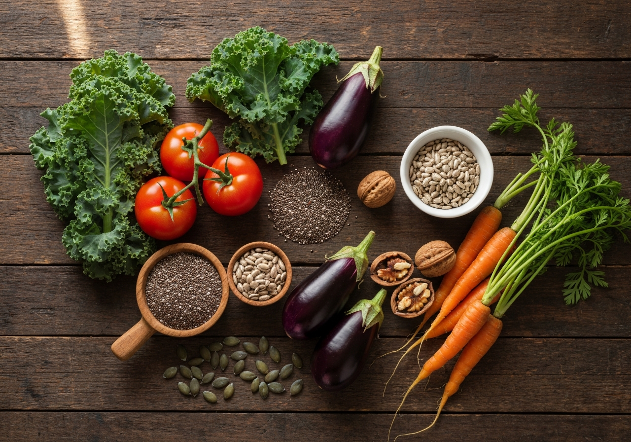 24hodinový detox: Funguje to? (Pravda o rychlé očistě) 3 A vibrant assortment of colorful organic vegetables, seeds, and nuts arranged on a rustic wooden table, overhead shot, soft morning natural light, high-end culinary editorial aesthetic, 85mm lens, sharp focus, no text, no letters.