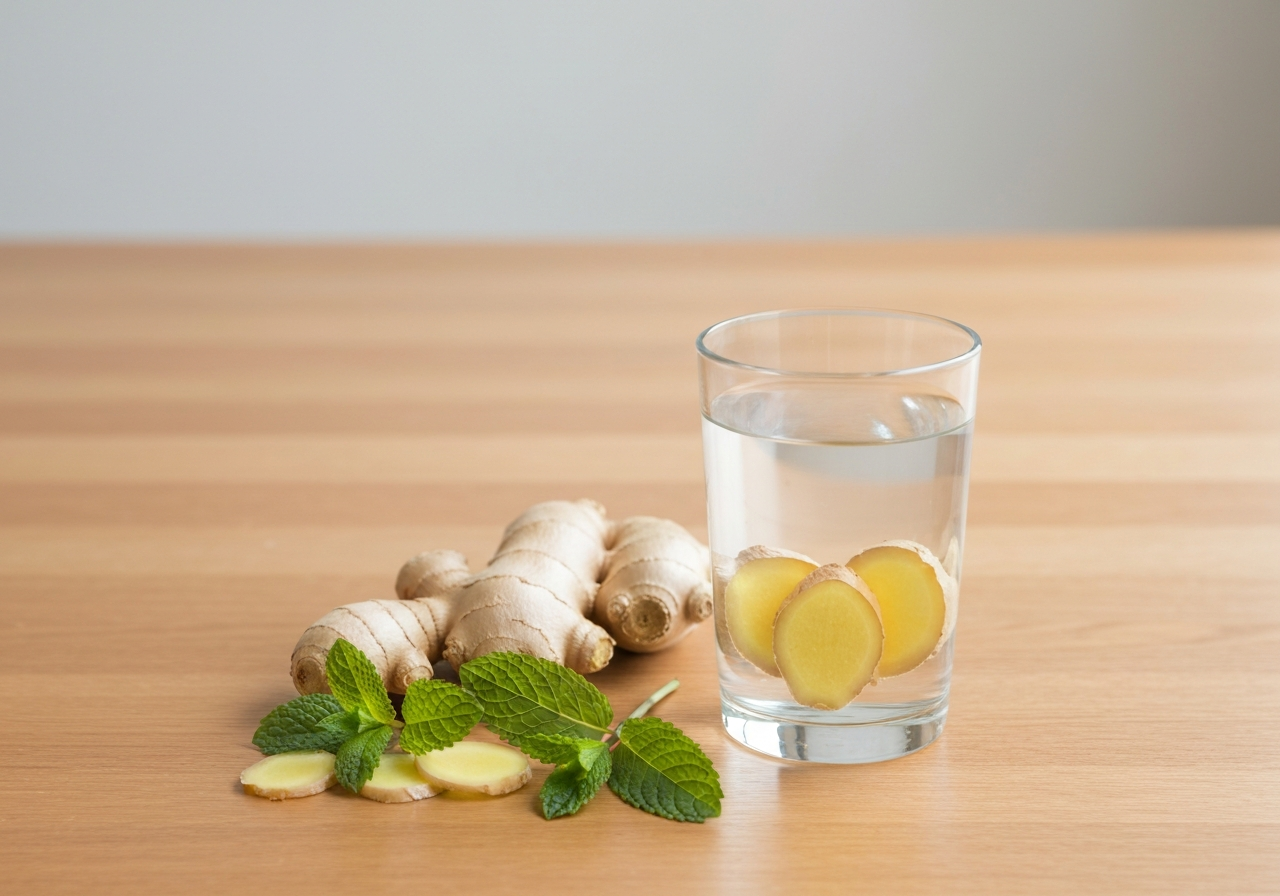 Podrážděný žaludek? 5 rychlých úlev (do 10 minut) 2 A minimalist still life featuring a glass of water, fresh ginger slices, and peppermint leaves on a clean wooden table, editorial photography, soft natural morning light, 85mm lens, professional health blog aesthetic, no text, no letters